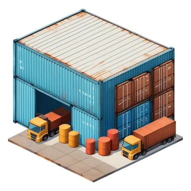 Isometric industrial warehouse with shipping containers outside and loading bay sticker
