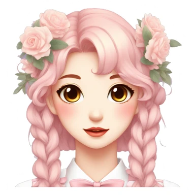 Gorgeous pastel anime style lady with blushing face and flowers and laces and bow ties and pretty hair aesthetic trending style sticker
