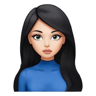 Glamours, tanned, very beautiful girl, with big pump peach-beige-rose lips, eyeliner, long long lashes, black straight smooth silky long hair, straight parting hair, blue-grey eyes, in totally black bodysuit  sticker