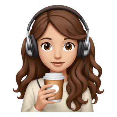 A girl with brown wavy long hair, wearing headphones on her head and holding coffee in her hand sticker