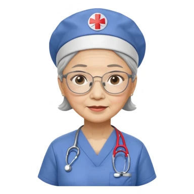 OLD ASIAN WOMAN WITH GLASSES, NURSE SCRUBS, CAP sticker