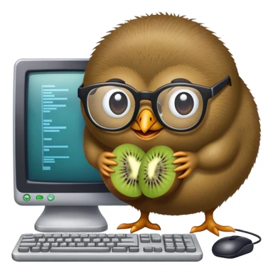 kiwi with glasses in front of an old computer sticker