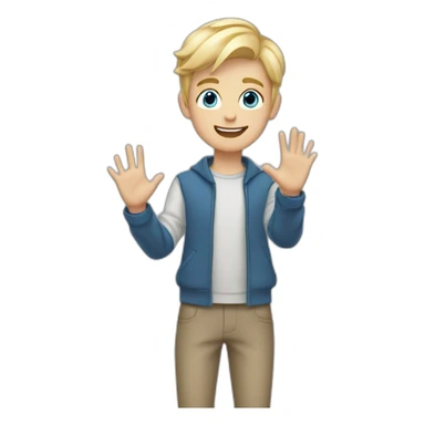 Blonde teen boy with medium short hair, blue eyes, waving hi to the camera sticker