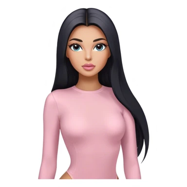 Glamours, tanned, very beautiful girl, with big pump peach-beige-rose lips, long long lashes, black straight smooth silky long hair, straight parting hair, blue-grey eyes in light pink long-sleeves bodysuit sticker