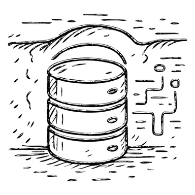 hand drawn outlined icon of stacked database cylinders in a basement or underground setting with abstract data streams, worn and distressed effect, detailed icon sticker