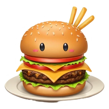 Burger on a plate with fries. The burger is smiling and there is drool coming out of its mouth. The burger looks euphoric and delicious.  sticker
