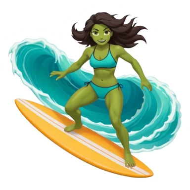 ork female surfer riding big turquoise wave, muscular green body, fierce tusked grin, sporty bikini top and board shorts, long windswept dark hair, focused eyes, surfboard under feet, minimal ocean and sky background, centered emoji, vibrant summer colors, sticker style sticker