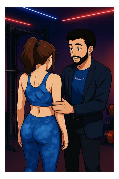 ispirati a questo stile di disegno e fai questa immagine in versione manga/webtoon a colori, il manga mostra la donna di spalle, mentre l'uomo le tocca la spina dorsale per spiegarle come funziona la scoliosi:
Con una scoliosi il baricentro corporeo cade maggiormente da un lato; per non cadere la schiena compensa accumulando tensione sul fianco opposto.
Il risultato? Si inclina e ruota sempre più, fino a che non cede (discopatie, artrosi, ecc) sticker