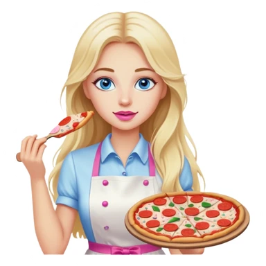 Cinematic realistic beautiful blonde with long hair, blue eyes and pink lips in a white dress cooks pizza sticker