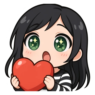 Twitch emote of a girl with black hair and green eyes, surprised expression, in a shiny, detailed chibi style with large eyes, sparkles, soft shading, and a cute surprise, matching the reference style. sticker