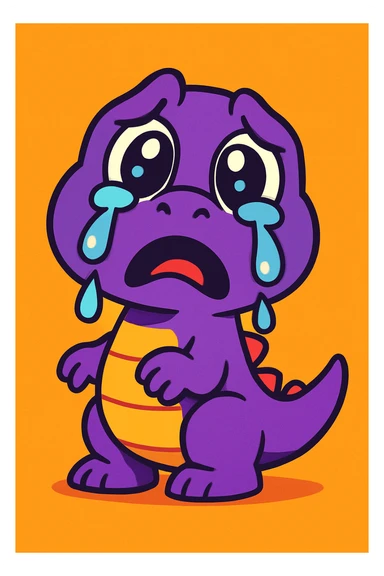 cartoon dinosaur crying, purple color, tears dripping down, vibrant, cute sticker