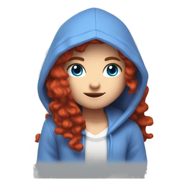 a white girl with long red curly hair, wearing periwinkle Minecraft hoodie playing a videogame sticker