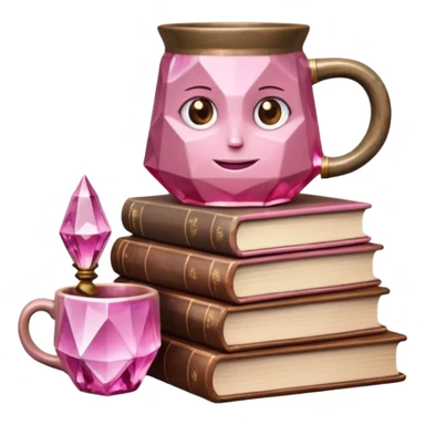 stack of books with a pink crystal and brown moon mug. sticker