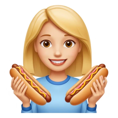 A girl holding two hot dogs, smiling proudly before eating.






















 sticker