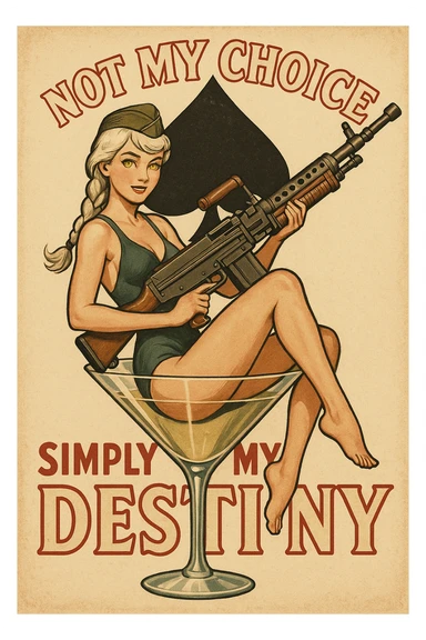 a retro military pinup " not my choice, simply my destiny "
; female figure young,gorgeous, white hair 1 braid, gold yellow eyes, sitting in a martini glass with a massive LMG in a swimsuit in front of a 'spade' sticker