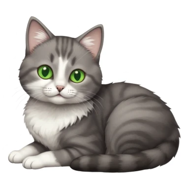 full body tiny short hair dark grey and white cat with white front legs and green eyes lying down sticker