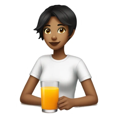 A girl with short black hair wearing a white t-shirt, drinking orange juice and a glass sticker