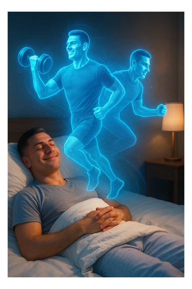 "Un uomo rilassato sdraiato a letto (in pigiama o biancheria intima), con gli occhi chiusi e un sorriso soddisfatto. Dal suo corpo si stacca un doppio olografico luminoso (il suo 'sé visualizzato') che invece sta facendo esercizio fisico con energia: solleva pesi, corre su un tapis roulant invisibile o fa flessioni a mezz'aria. sticker