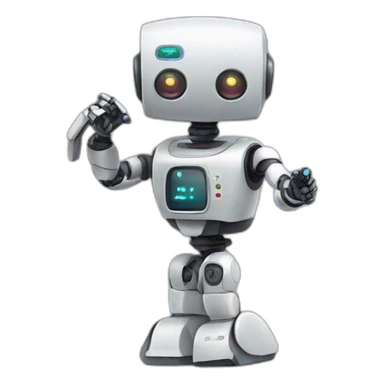 tiny robot holding up its own remote sticker