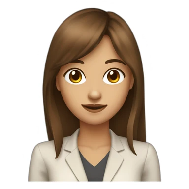 digital business young woman with long brown hair with bangs, brown eyes tan skin with laptop sticker