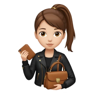 A girl with a pony tail brown hair and white ish skin with a black jacket and a brown purse sticker
