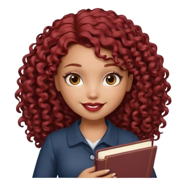 generate a pretty bratz girl curly dark red hair, brown lipstick on, smiling. Book in hand sticker