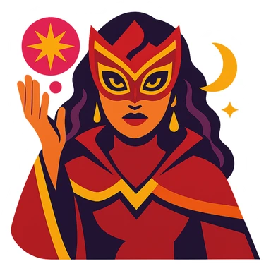 Transform this person into a dramatic magical figure emoji with a stylized mask, red and gold accents, and mystical symbols. Vibrant colors sticker