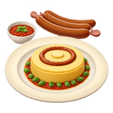 Fammi l’emoji di una polenta con tanto sugo SOPRA e una salsiccia intera sopra (non tagliata) sempre con il sugo   sticker