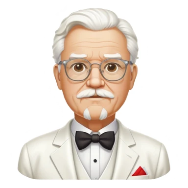 Colonel Sanders, old white man with square glasses, white goatee beard, white suit, KFC founder sticker