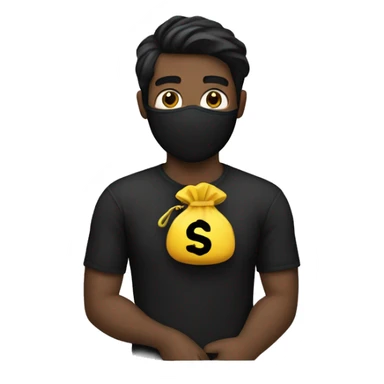 Man with a black mask lined shirt and a money bag on his shoulder sticker