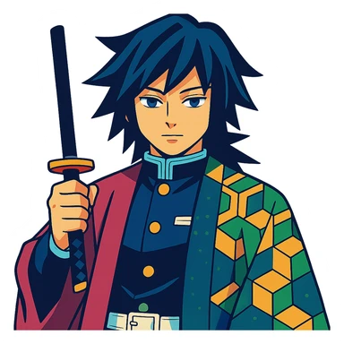 Giyu Tomioka from Demon Slayer, vibrant anime style, half-patterned haori, calm expression, blue and green color scheme sticker