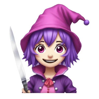 anime girl, clown clothes, pink jester's cap, sharp teeth, holding knife looking at viewer, purple hair, light purple eyes, sticker