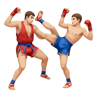 An icon symbolizing Sambo, featuring two fighters in blue and red kimonos with shorts and wrestling shoes. One executes a powerful throw, while the other attempts a defensive grab. The fighters are engaged in a grapple, using joint locks and sweeps.  sticker