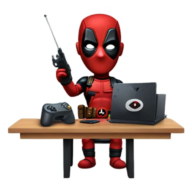 Cute Deadpool holding controller sitting at a desk, front view sticker