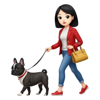 Mujer de pelo negro paseando un bulldog francés  sticker