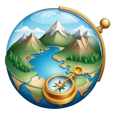 An icon featuring a globe, a compass, and a topographic map, symbolizing geography. The design includes mountain ranges, rivers, and a magnifying glass, representing the study of Earth's landscapes, features, and spatial relationships. Transparent background highlights geographic exploration. sticker