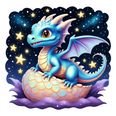 Airbrush painted image of a dragon hatchling under a deep galactic sky with pearlescent scales and wings spread against the stars sticker
