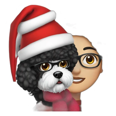 woman-black hair-christmas hat-with glasses-with bichon dog-white-smile sticker