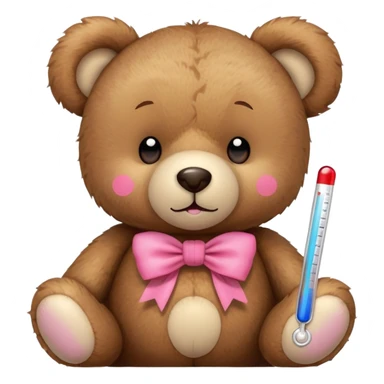 Teddy bear with thermometer in mouth with a pink bow sticker