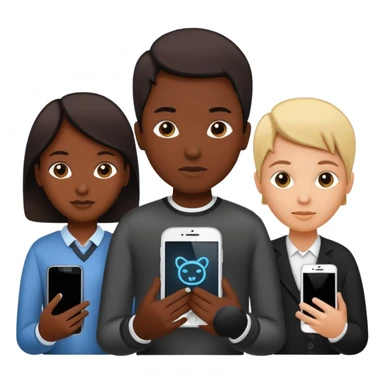 Minimalistic flat vector icon, iOS style, thin black contour on white background. Three small developer silhouettes around a smartphone with code brackets <>. Clean, no text, no shadows. sticker