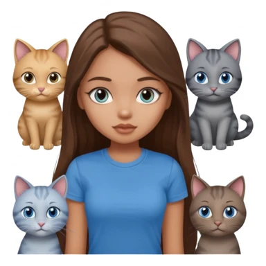 a pretty bratz dusky light skin girl with long brown hair, blue eyes with six cats nd wearing a grey tshirt sticker