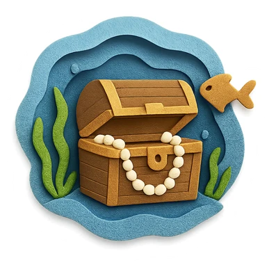 treasure chest underwater with pearls, seaweed, and fish, layered paper effect in paper-craft style sticker