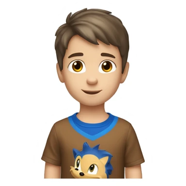 A young 5 year old white boy with short brown hair and brown eyes wearing a blue sonic the hedgehog shirt
 sticker