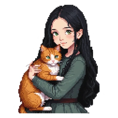Beautiful girl with long black hair hugs a ginger cat sticker