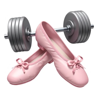 A high-quality 3D icon of pink ballet shoes next to a grey dumbbell. Soft studio lighting, cute and glossy texture. sticker