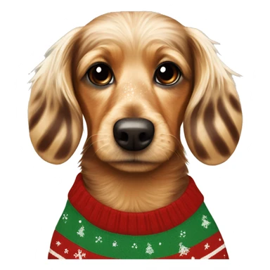 Speckled blonde and brown hairy dachsund wearing a stripy Christmas jumper sticker