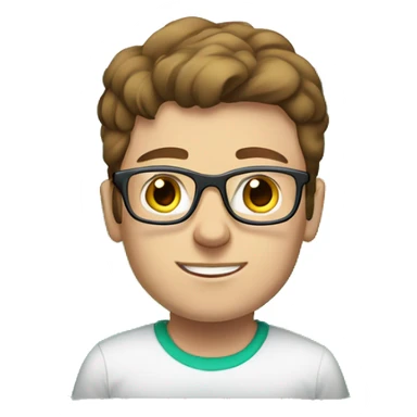 white young man with blue eyes and brown hair and square glasses wearing green t-shirt with laptop sticker