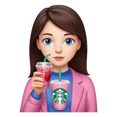 make an emoji of a brunette blue eye girl wearing light pink drinking a strawberry acai refresher from starbucks sticker
