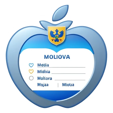 rounded business ID card with blue-silver gradient background, placeholder lines for text, generic photo silhouette on left, Moldova-inspired heraldic icon in top-left corner, soft gloss and subtle shadow, Apple emoji style sticker