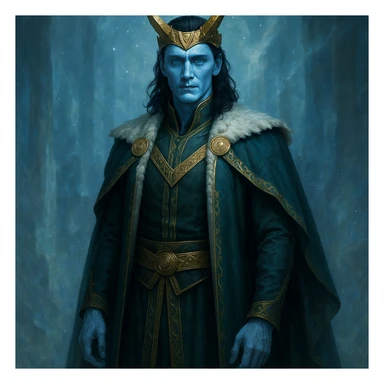 Loki, king of Asgard, with icy blue eyes, frost giant features, elegant royal robes, mystical background sticker